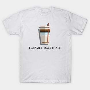 Iced Cold Caramel Macchiato coffee front view flat design style T-Shirt